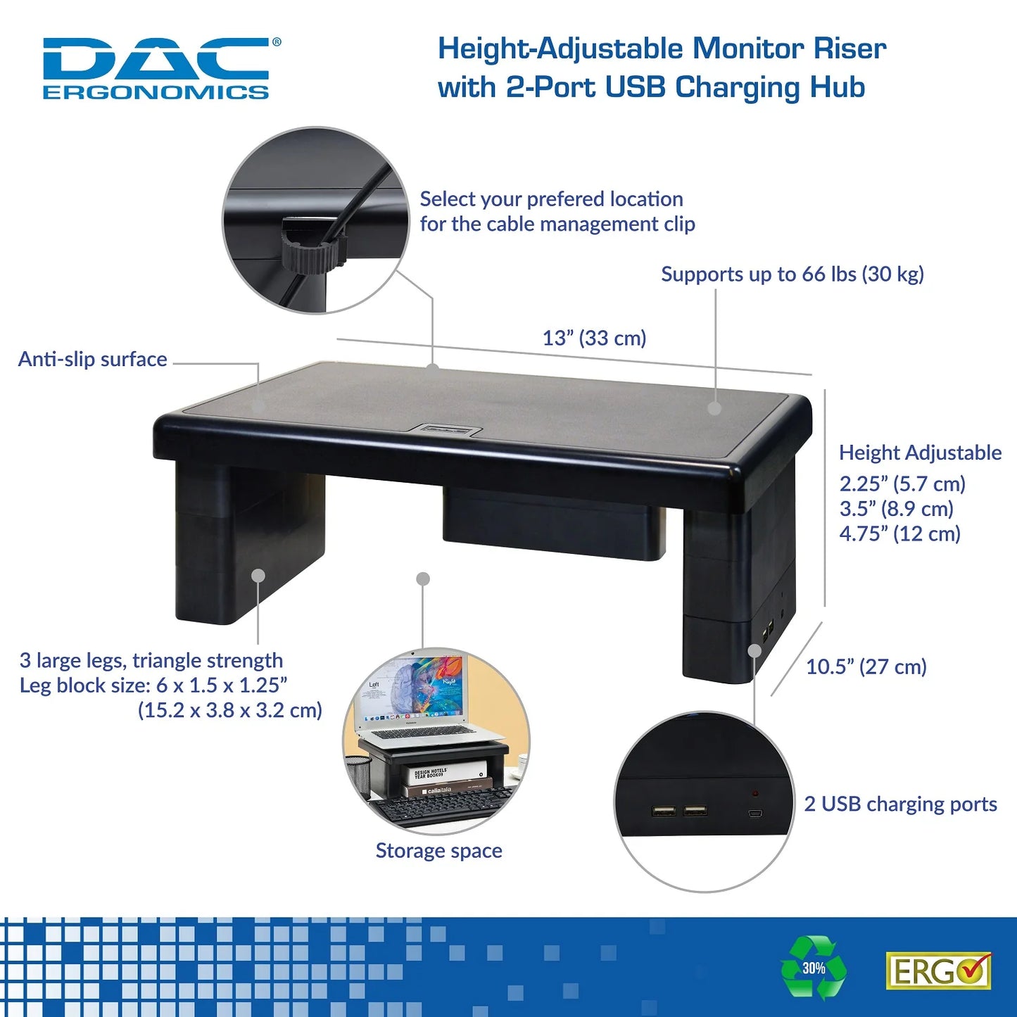 DAC Stax MP-213 Height-Adjustable Monitor/Laptop Stand with 2-USB Ports, Black