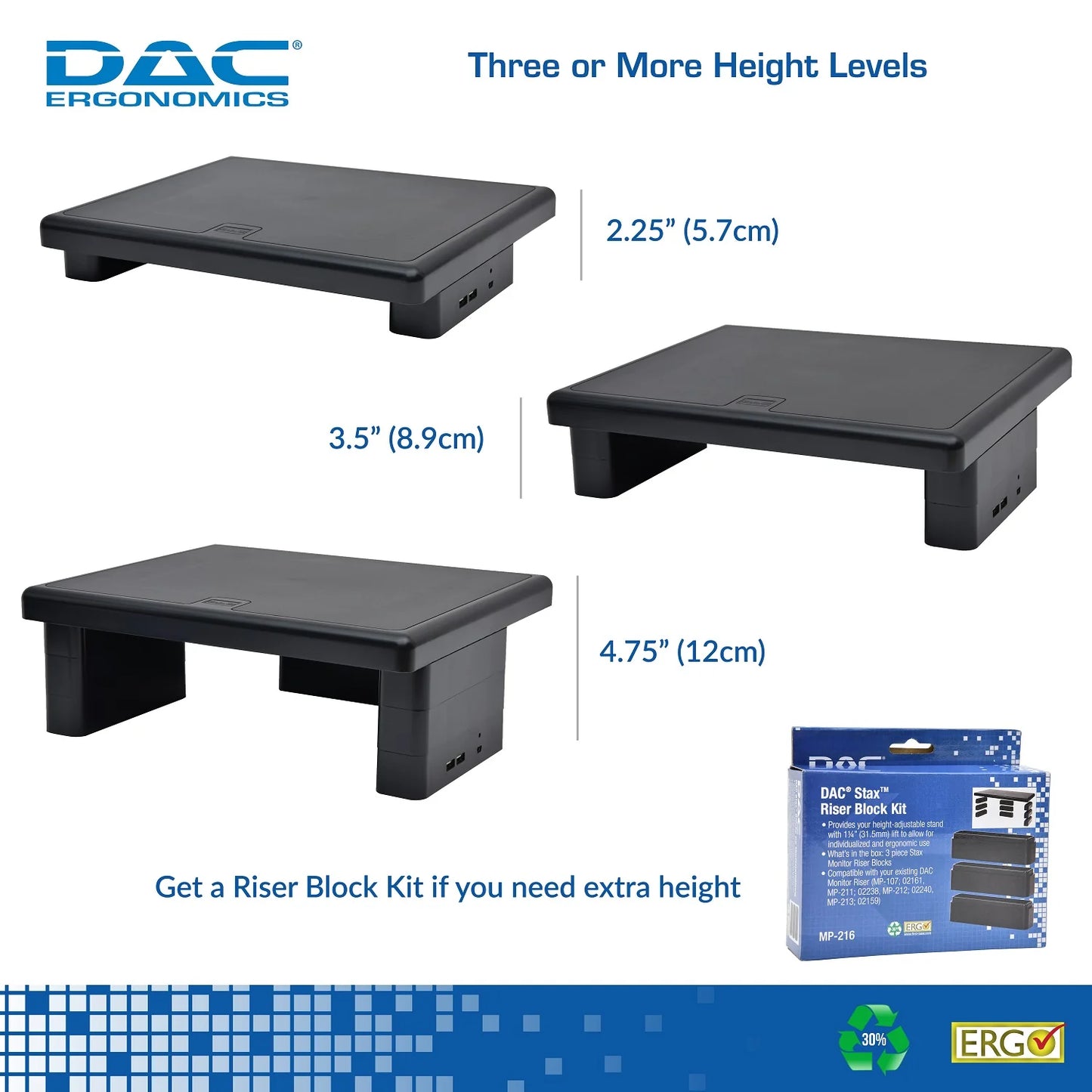 DAC Stax MP-213 Height-Adjustable Monitor/Laptop Stand with 2-USB Ports, Black